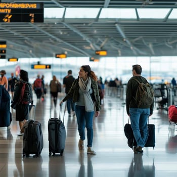 people around an airport in casual clothing